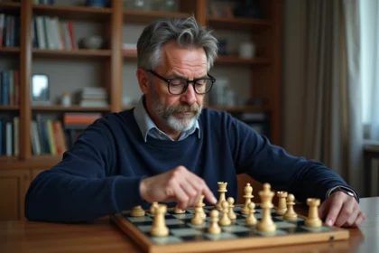 Un homme adulte concentré jouant aux échecs électroniques sur un plateau lumineux à son bureau à domicile, entouré de livres d'échecs