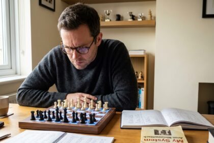 Homme concentré jouant sur un échiquier électronique dans un bureau à domicile, étudiant pour s'améliorer aux échecs