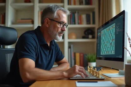 Homme passionné d'échecs jouant sur un ordinateur électronique dans un bureau calme et étudié
