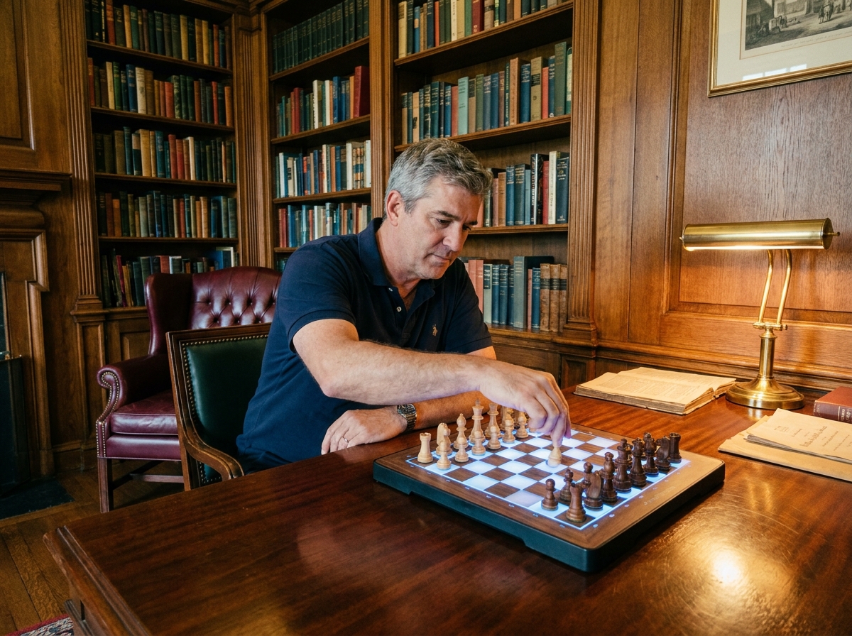 Homme mûr jouant aux échecs électroniques dans une bibliothèque d'étude, passion et expertise aux jeux d'échecs