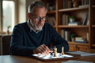 Un homme concentré portant des lunettes, assis à un bureau en bois, jouant aux échecs électroniques avec un échiquier illuminé, rempli de documentation d'échecs et de livres de stratégie sur les étagères derrière lui