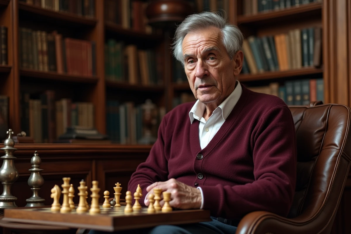 Homme âgé passionné d'échecs jouant sur un échiquier électronique dans une bibliothèque personnelle