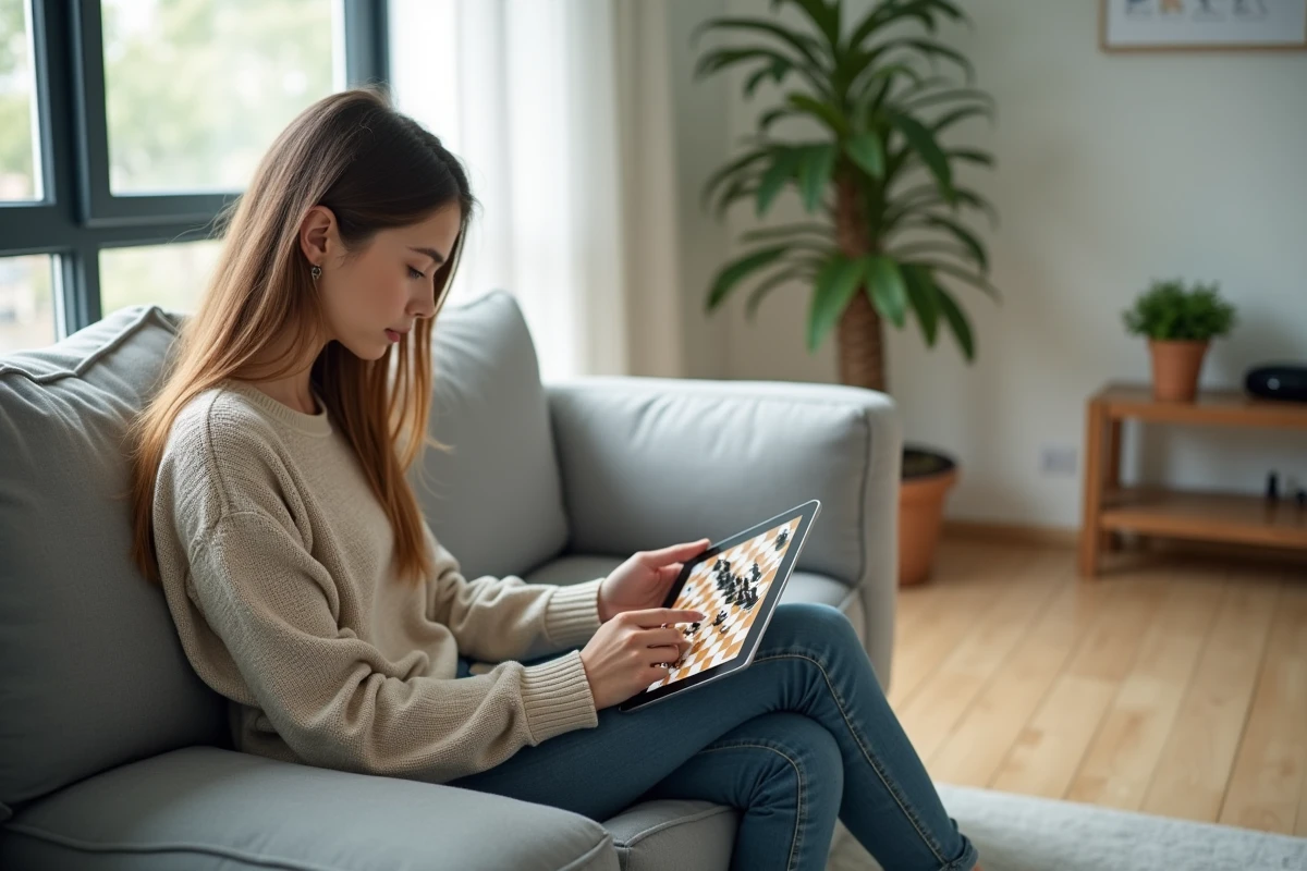Jeune femme concentrée jouant aux échecs sur tablette numérique dans un salon lumineux et aéré