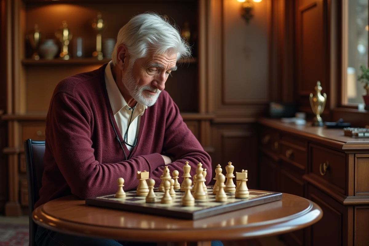 Homme âgé passionné jouant aux échecs électroniques dans une salle de jeux traditionnelle et chaleureuse