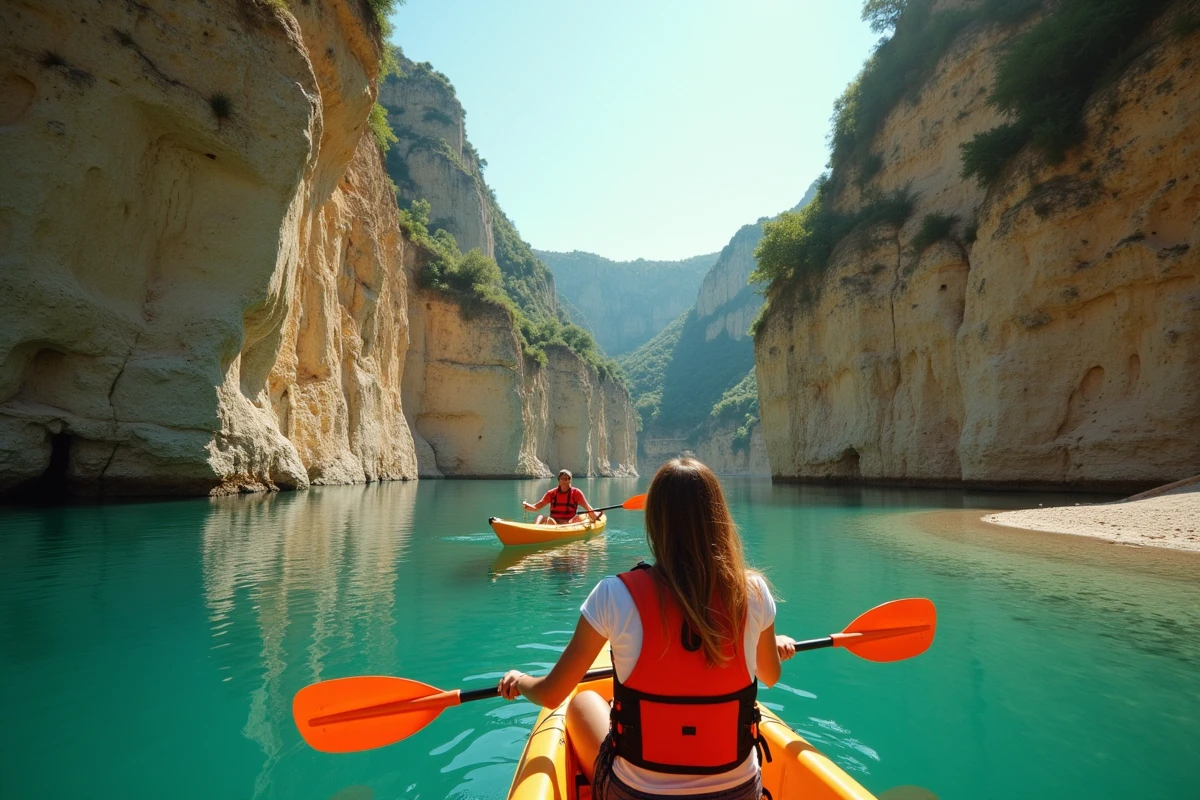 Couple en kayak sur la rivière Ardèche entre des falaises de calcaire blanc