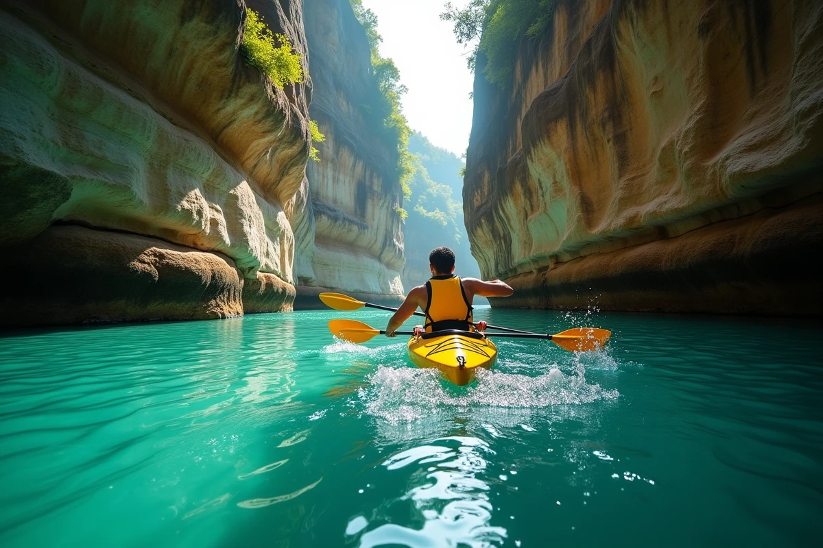 Kayakiste naviguant entre les falaises étroites des gorges de l'Ardèche avec eau cristalline turquoise