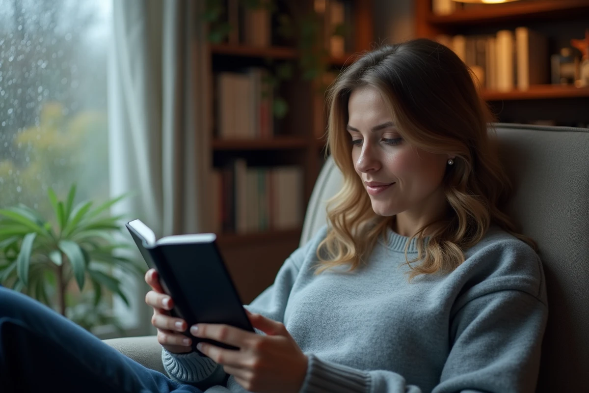 Une femme tenant une liseuse Kindle Paperwhite Signature Edition dans un fauteuil confortable près d'une fenêtre pluvieuse