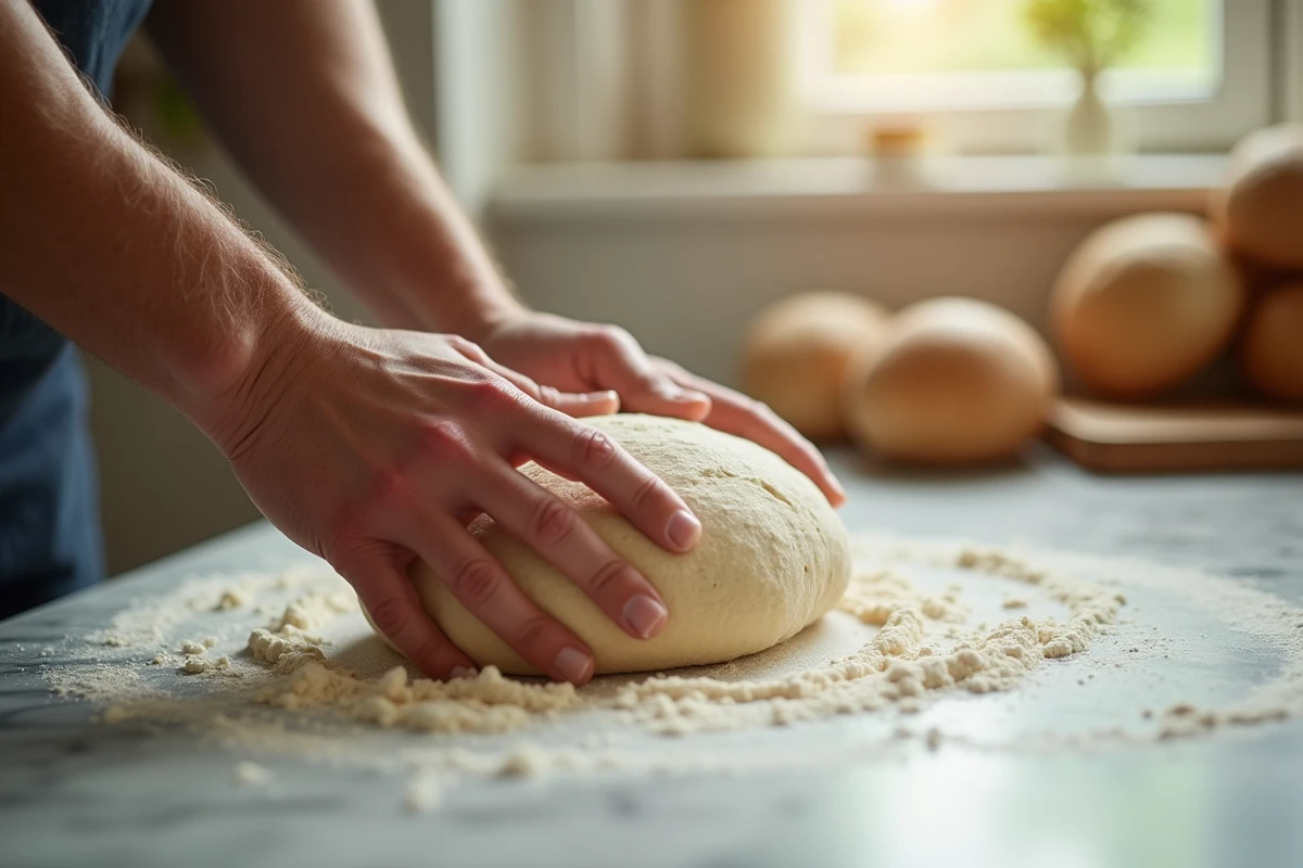Mains pétrissant la pâte de pain au levain sur plan de travail en marbre