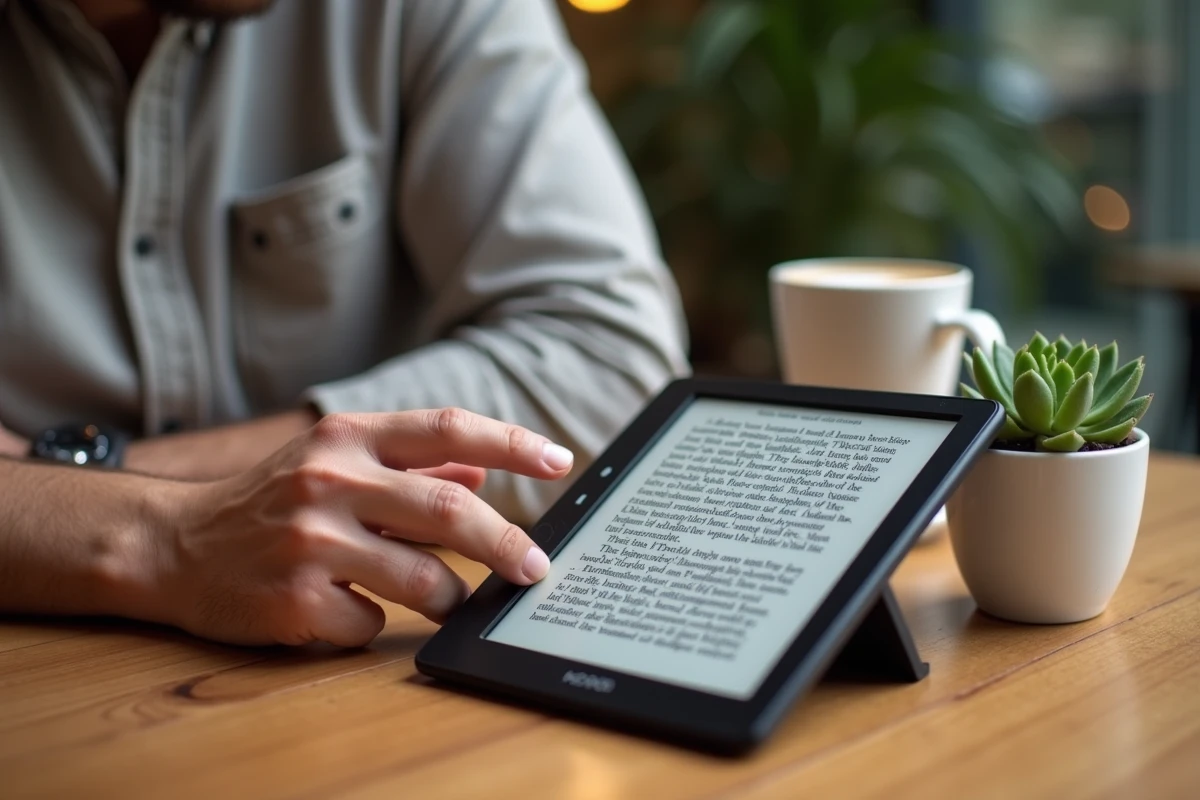 Un homme utilisant une liseuse Kobo Libra Colour affichant une bande dessinée en couleur dans un café