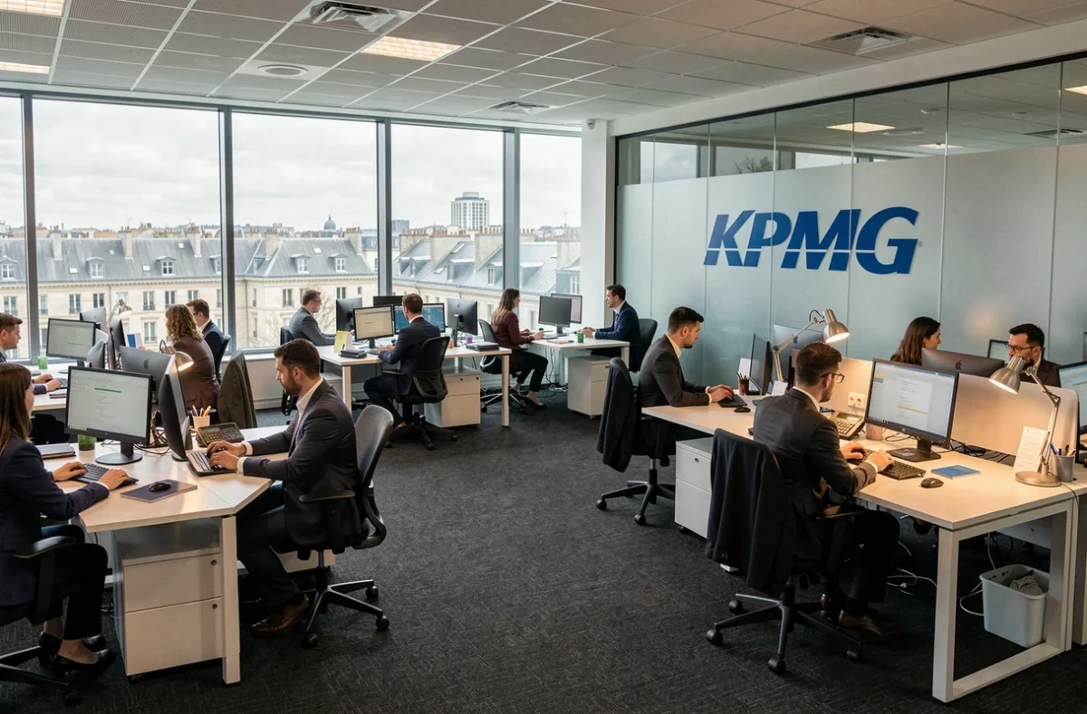Le plateau de travail du bureau KPMG à Nantes avec des collaborateurs en activité et le logo visible