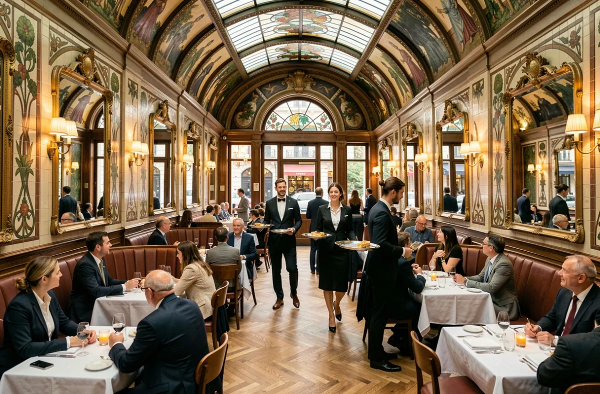 Intérieur Art Nouveau de la brasserie historique La Cigale place Graslin à Nantes avec décor en faïence et service animé