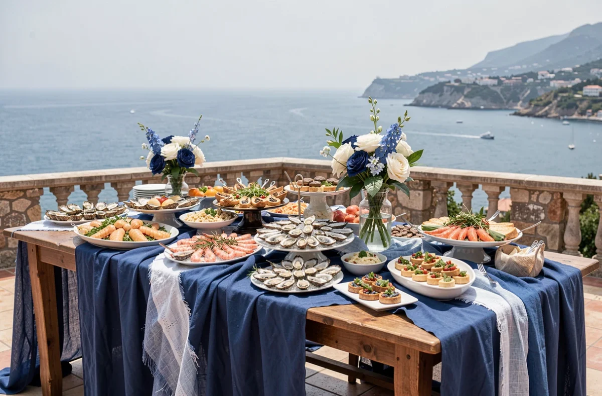Buffet de mariage aux couleurs bleues et blanches avec fruits de mer et spécialités provençales, servi en bord de mer à Marseille par La Dame Bleue