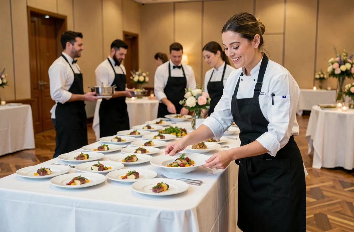 Chef de La Fine Équipe présentant des plats raffinés lors d'une réception de mariage dans une salle élégante de Marseille