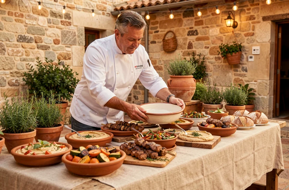 Traiteur de La Table de Cana disposant des mezze et plats orientaux sur une table de mariage dans une cour provençale à Marseille
