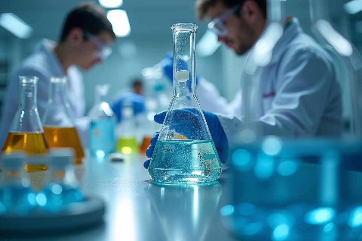 Laboratoire avec bécher d'acide chlorhydrique en cours de manipulation