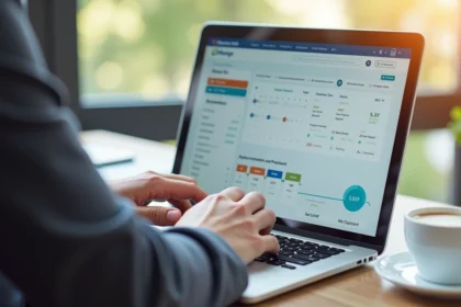 Mains d'une personne utilisant un ordinateur portable pour comparer les prix des vols et réserver un billet d'avion moins cher