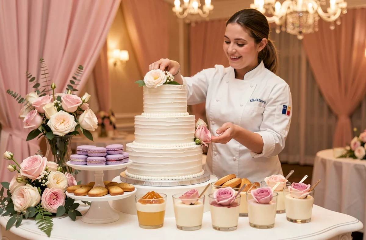 Table de desserts de mariage avec gâteau floral, macarons à la lavande et panna cotta à la rose, préparée par Le Parfum de Manon à Marseille