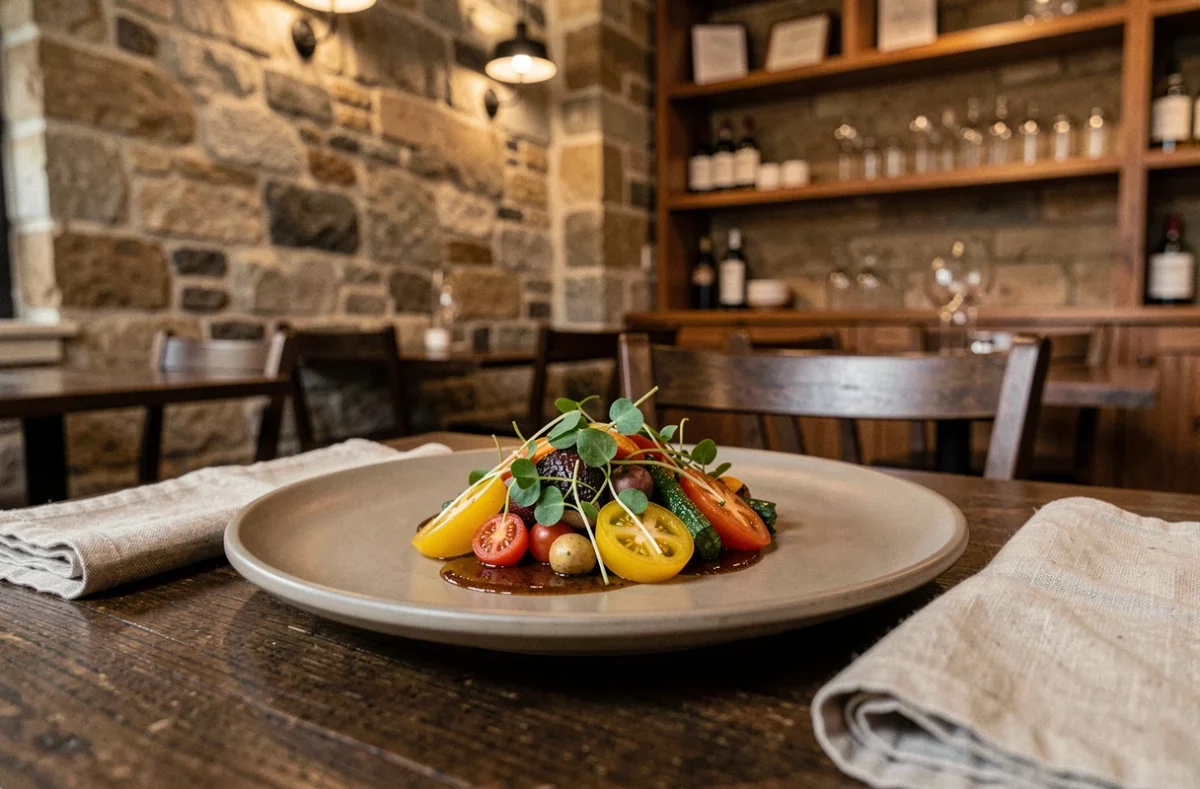 Assiette créative avec légumes de saison et dressage soigné sur table en bois au restaurant Le Pickles à Nantes
