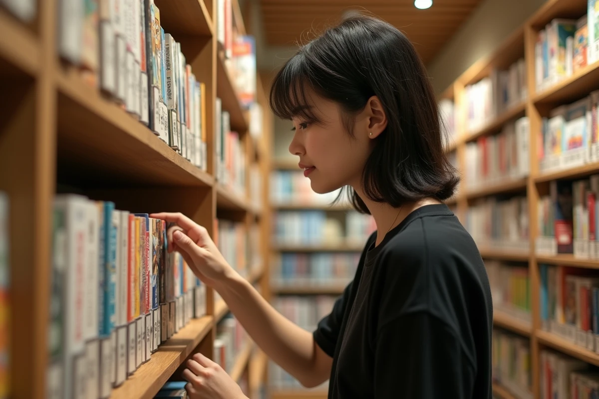 Lecteur cherchant un manga boys love yaoi dans les rayons d'une librairie spécialisée