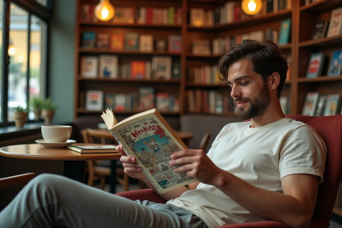 Adulte lisant un manga yaoi dans un café français avec collections de mangas visibles, montrant les espaces communautaires pour les fans de boys love