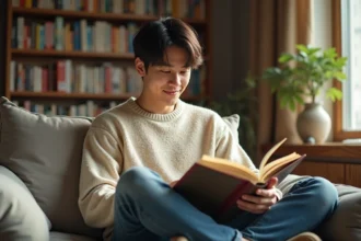 Jeune homme lisant un manga yaoi sur son canapé avec une bibliothèque de mangas en arrière-plan, représentant la passion pour le boys love