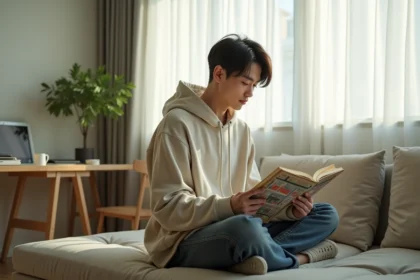 jeune homme asiatique lisant un manga boys love sur un canapé moderne dans une chambre épurée