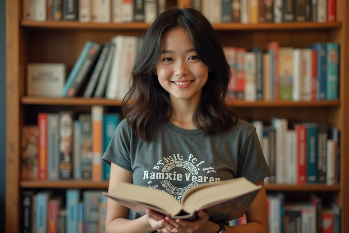 Adolescente dans une librairie indépendante feuilletant des mangas boys love en français