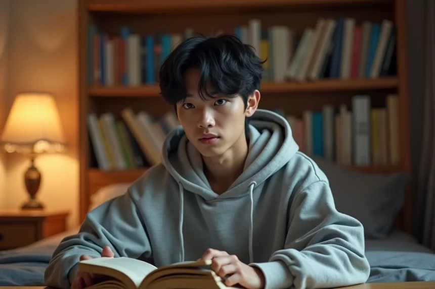 Jeune homme lisant un manga yaoi boys love dans une chambre cosy avec bibliothèque et bureau en bois