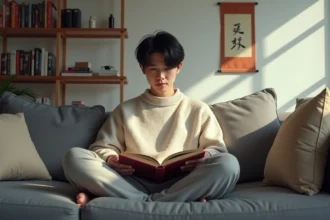 jeune homme lisant un manga yaoi sur un canapé gris devant une bibliothèque remplie de livres boys love