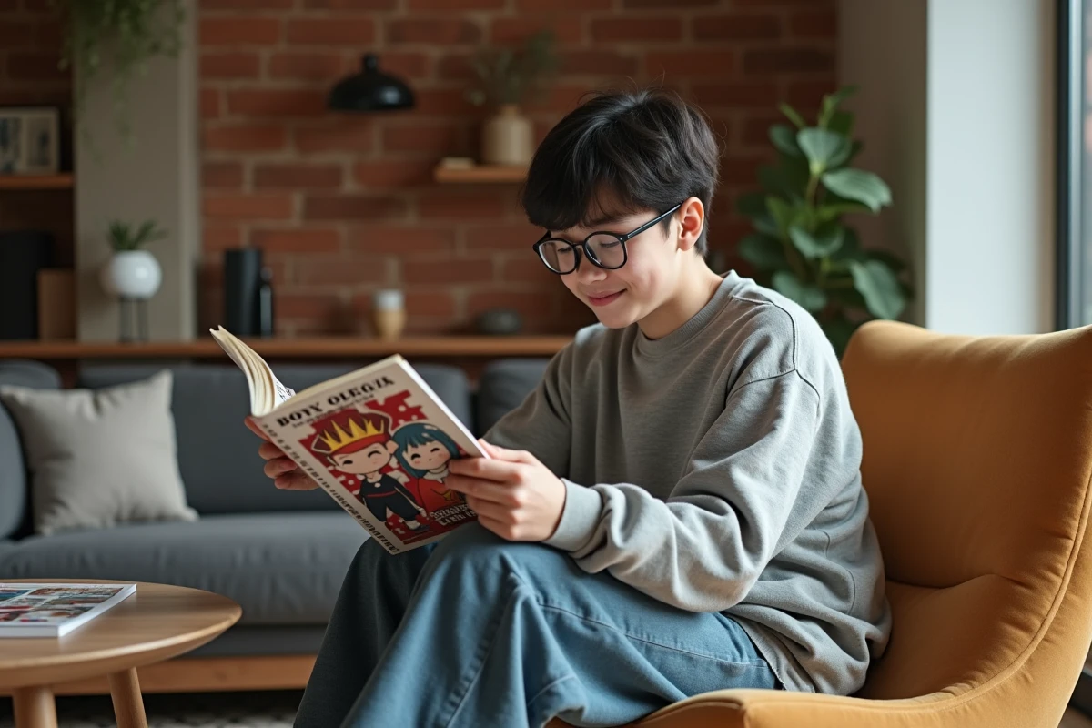 personne lisant un manga de boys love dans un salon contemporain avec des lunettes