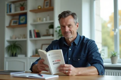 entrepreneur concentré lisant La Semaine de 4h à son bureau minimaliste, symbole de productivité et d'optimisation du temps de travail