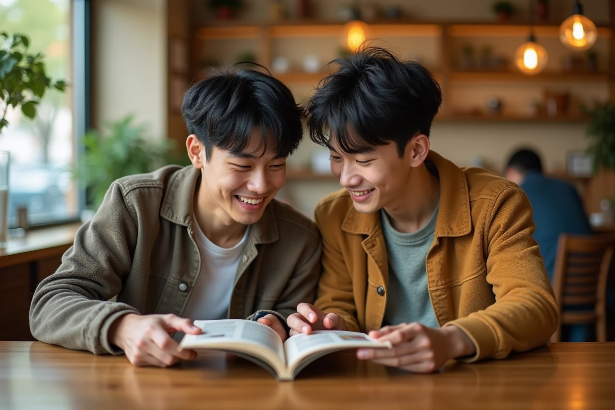 deux jeunes hommes discutant et lisant ensemble un livre yaoi dans un café parisien