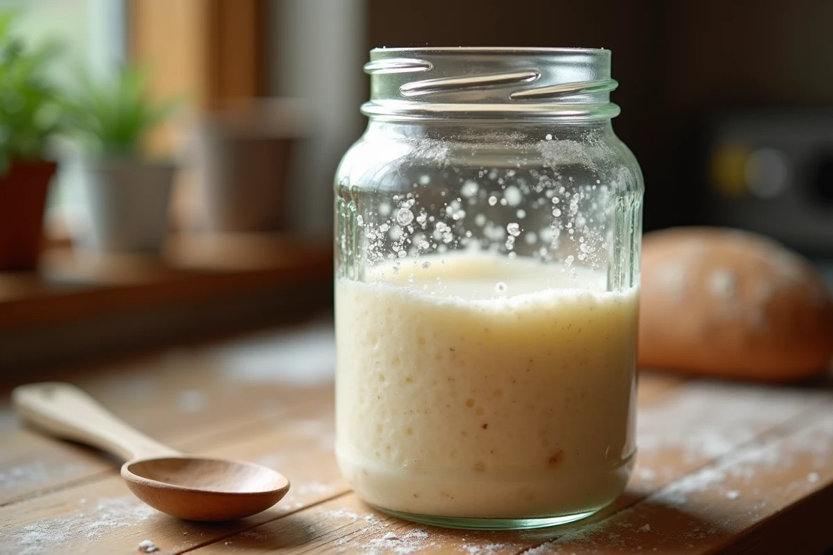 Levain maison en fermentation dans un bocal en verre avec bulles actives
