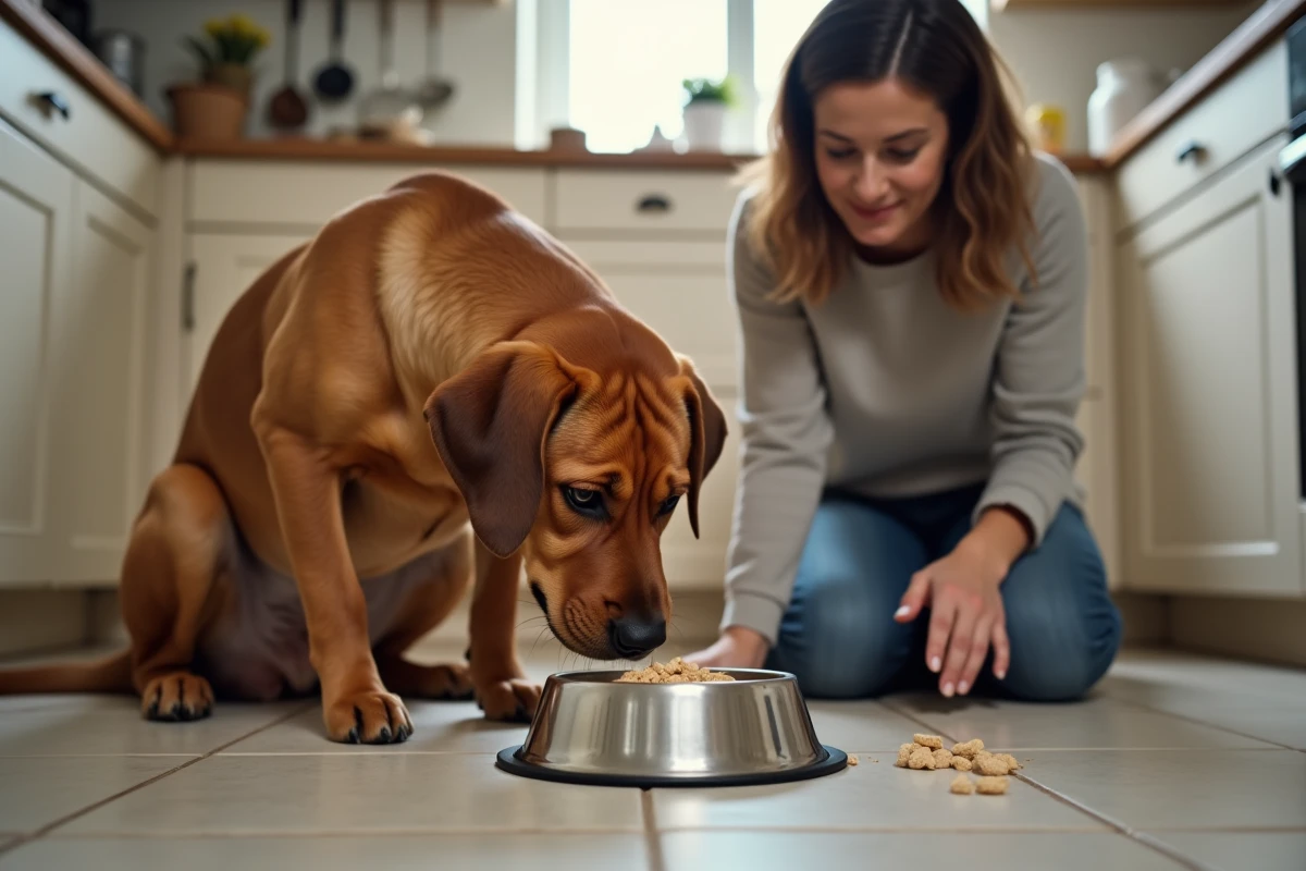 Un labrador mangeant sa gamelle enrichie de levure de bière en poudre dans une cuisine domestique, illustrant les bienfaits digestifs pour le chien