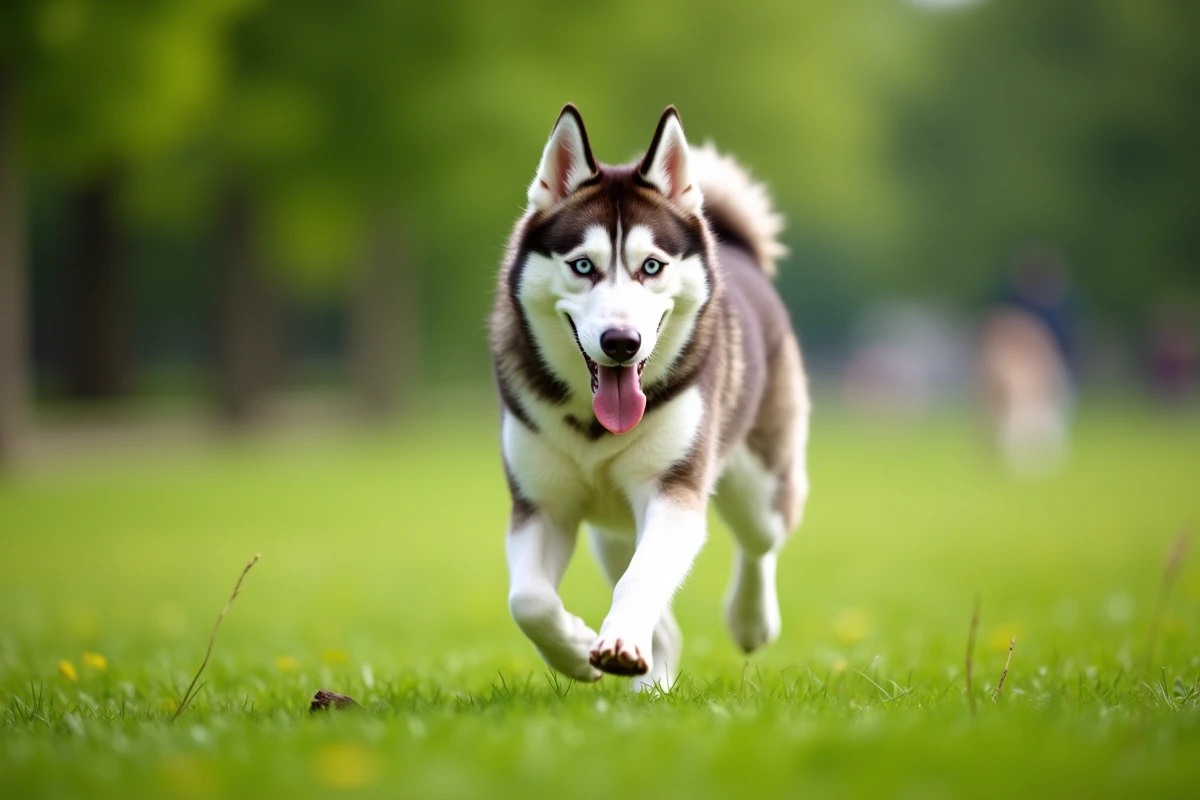 Un husky en pleine course dans un parc verdoyant, illustrant le renforcement immunitaire et la vitalité grâce à la levure de bière