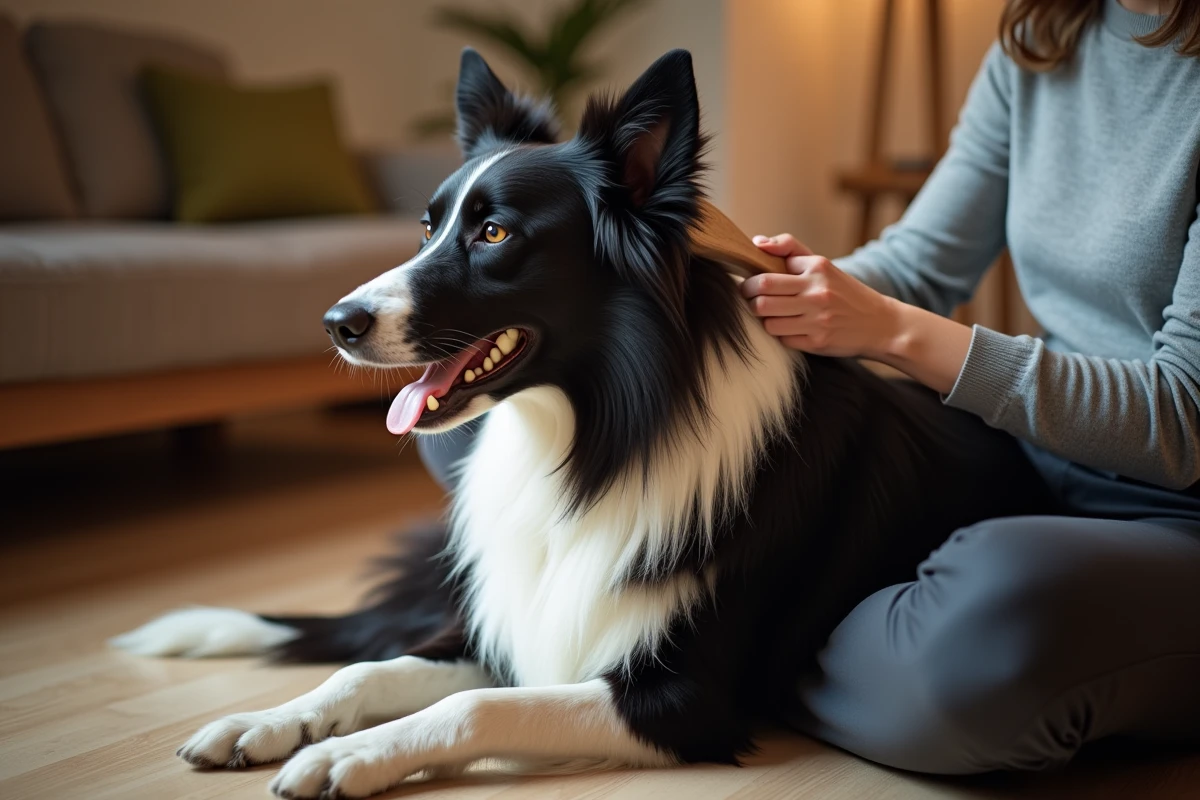 Un border collie au poil brillant et épais en train d'être brossé par une femme, illustrant les bienfaits de la levure de bière sur la qualité du poil