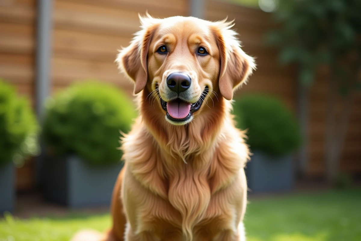 Un golden retriever en excellente santé assis dans un jardin, illustrant les bienfaits globaux de la levure de bière sur la santé générale du chien