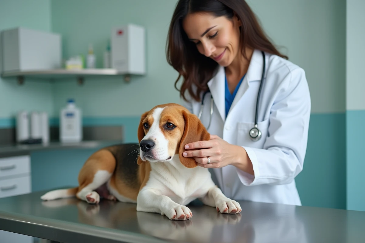 Une vétérinaire examinant attentivement la peau d'un beagle sur une table d'examen, illustrant les bienfaits de la levure de bière pour la santé cutanée du chien
