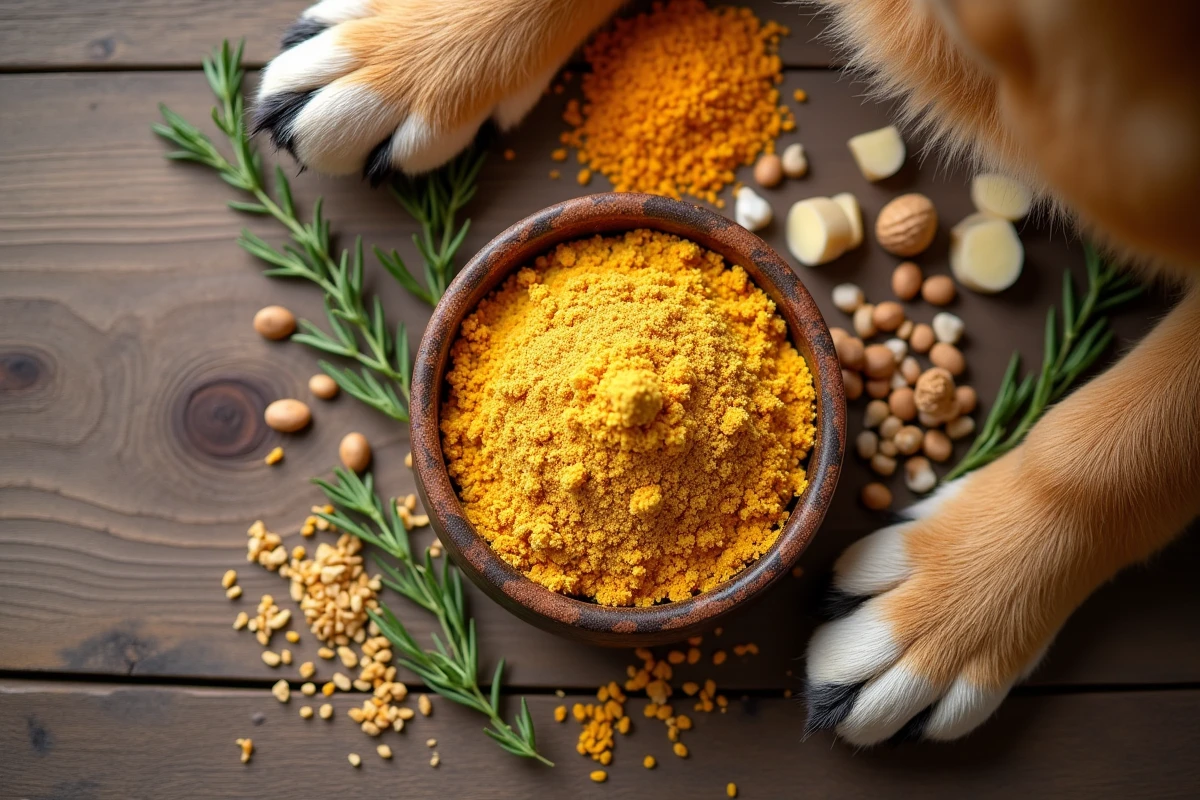 Une mise en scène en vue de dessus montrant de la levure de bière et des aliments riches en vitamines B avec une patte de chien, illustrant l'apport en vitamines B pour le chien