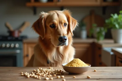 Un golden retriever en bonne santé assis près d'un bol de levure de bière dans une cuisine rustique