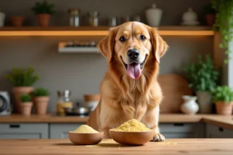 Un golden retriever assis à côté d'un bol de levure de bière en poudre sur un comptoir en bois rustique