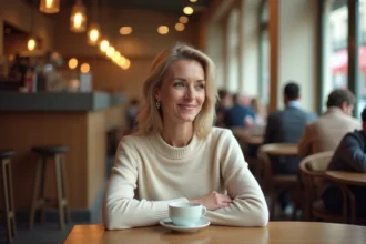 Femme d'âge moyen au visage naturel et rajeuni discrètement, souriante et détendue à une table de café parisien