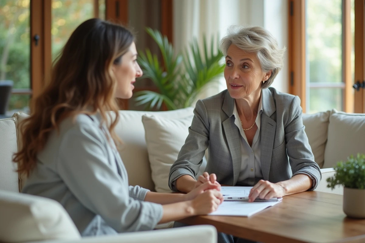 Deux femmes discutant au café après un lifting facial subtil et naturel, imperceptible à l'entourage
