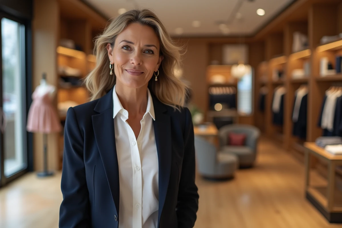 Femme d'âge moyen marchant en boutique avec un lifting du visage naturel et imperceptible