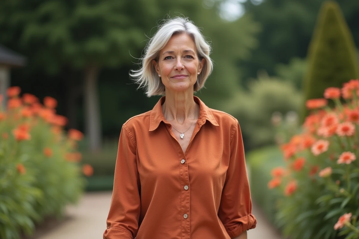 Femme d'âge mûr au visage subtilement rajeuni, sereine et naturelle dans un jardin botanique fleuri