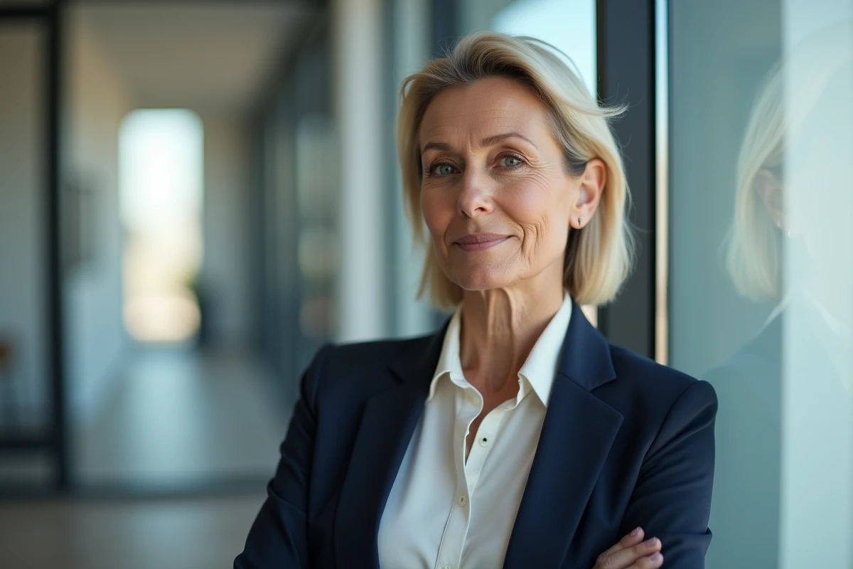 Femme professionnelle au visage discrètement raffiné, confiante et naturelle dans un bureau moderne près d'une fenêtre