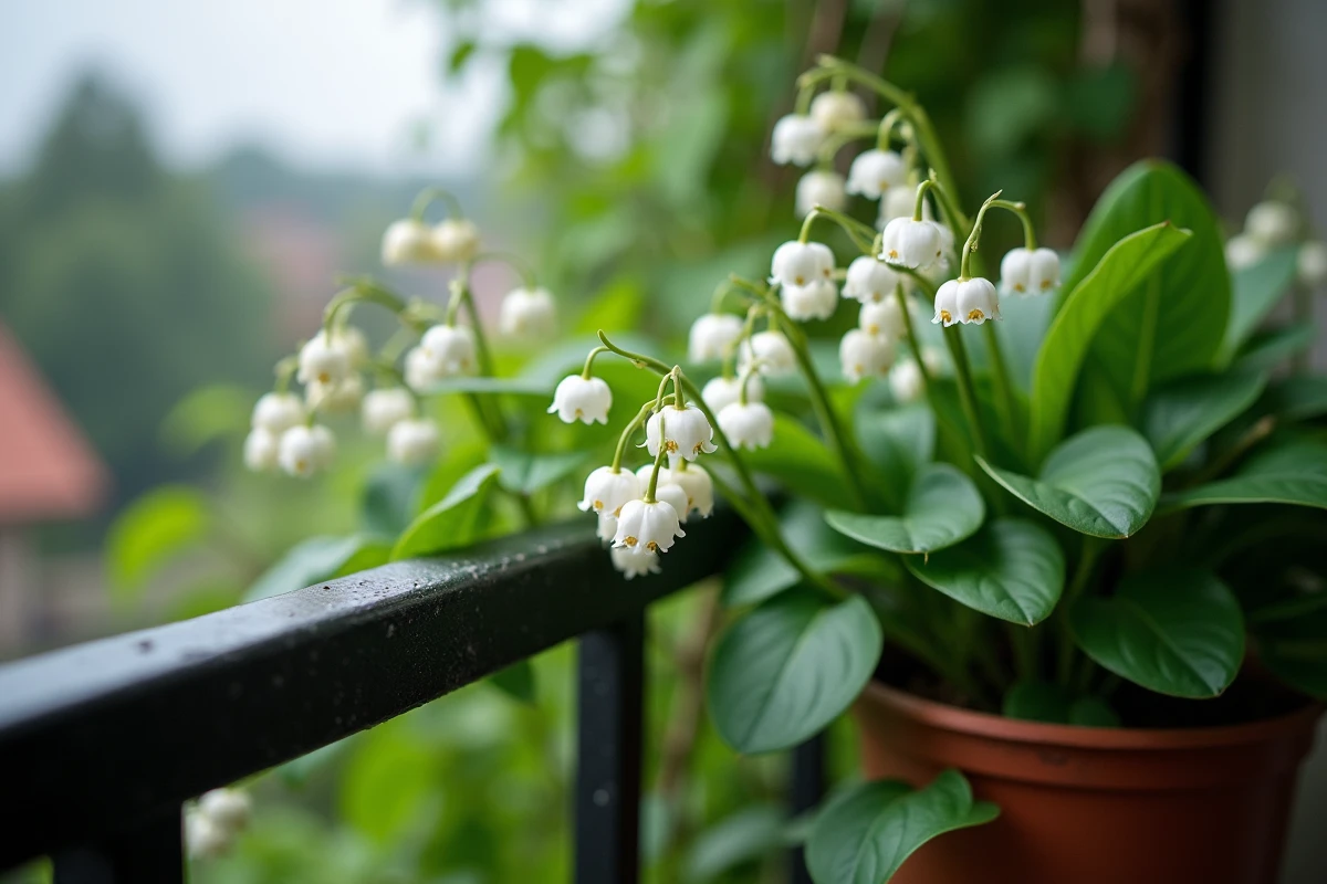 Fleurs blanches du muguet et lierre sur un balcon nord, plantes ombragées