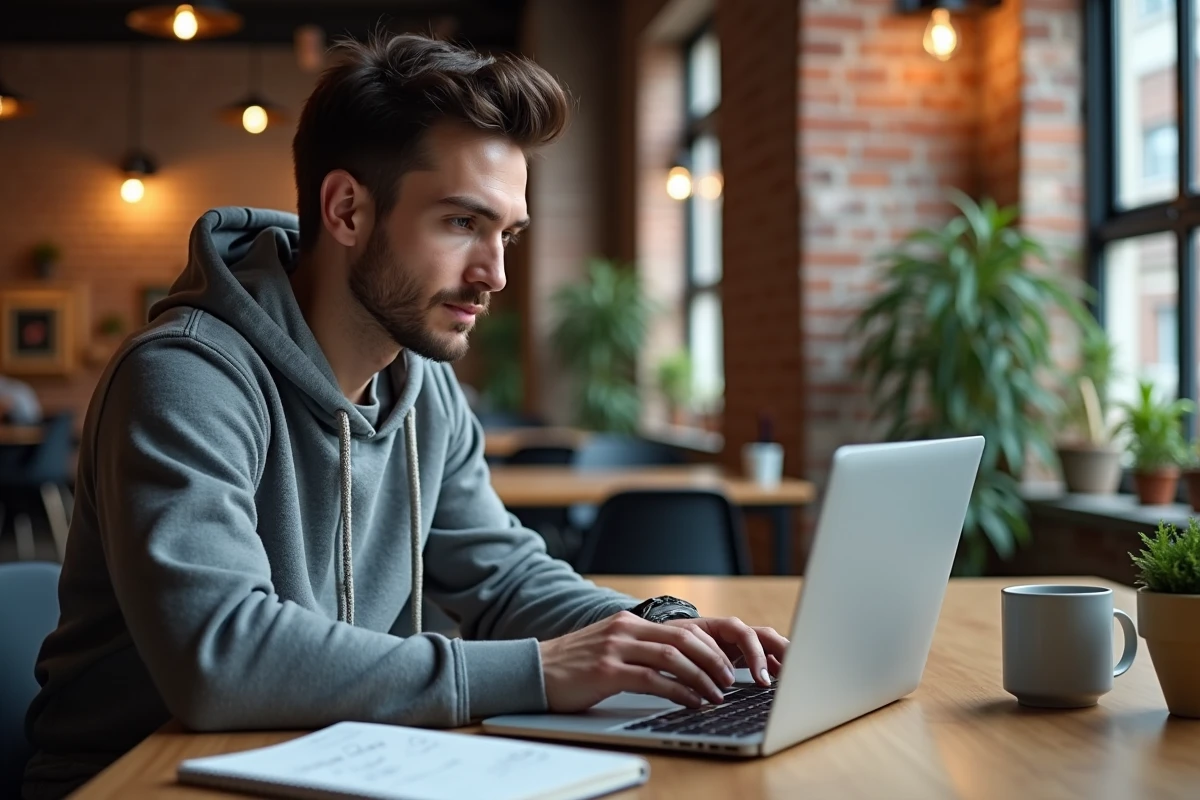 Marketeur digital explorant la marketplace de liens Linkavista sur son ordinateur portable