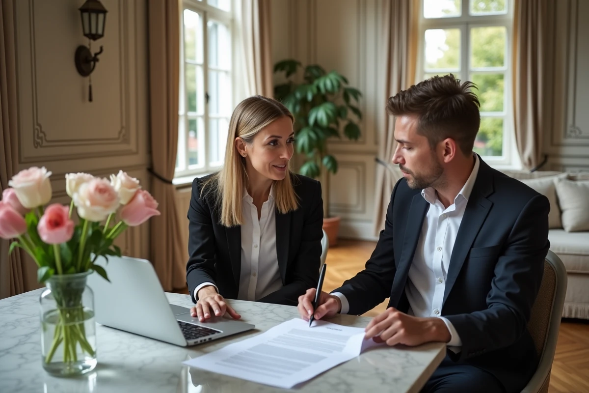 Couple de locataires aisés signant un bail dans un appartement de prestige, illustrant la qualité des locataires attirés par l'immobilier haut de gamme