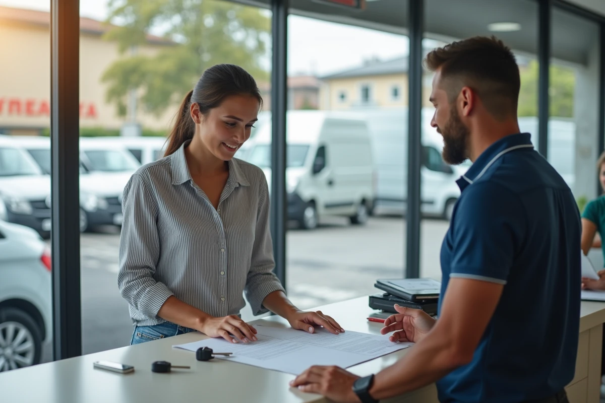 Femme signant un contrat de location de véhicule utilitaire dans une agence à La Réunion